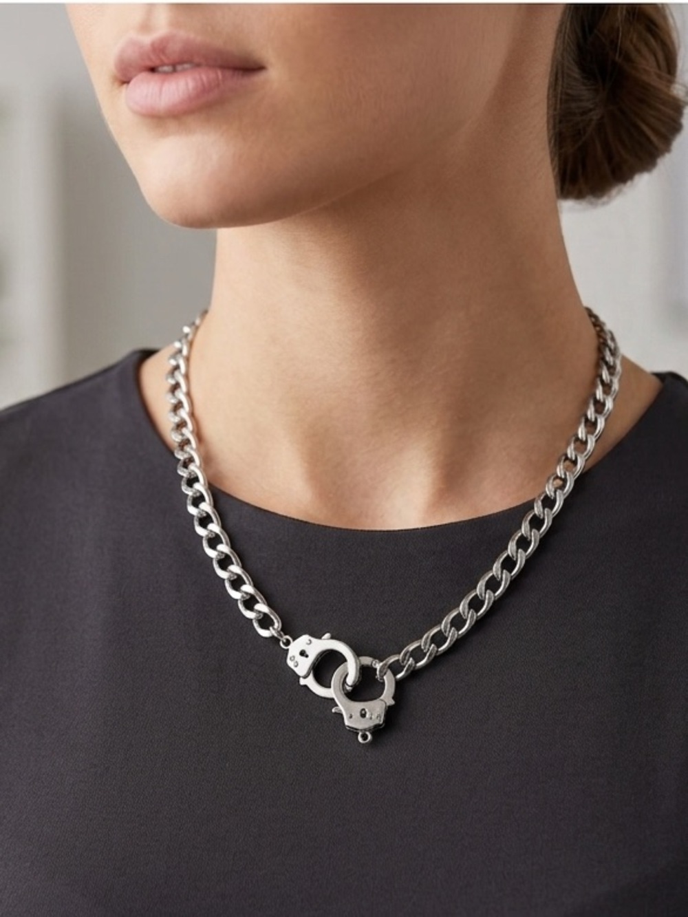 Chunky Silver Fear Handcuff 22” Stainless Steel Chain Necklace